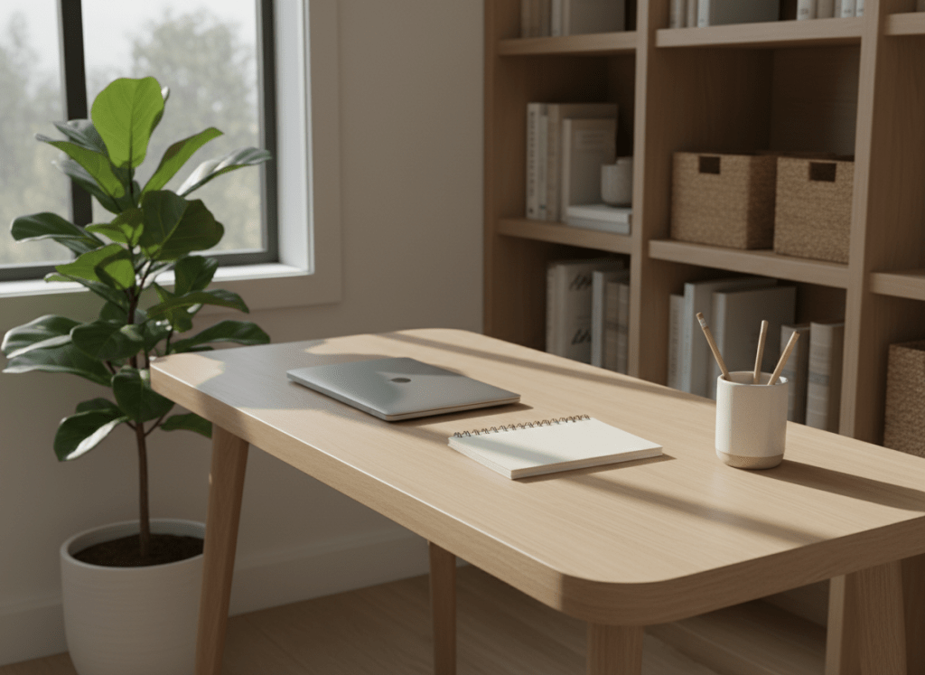 A calm, contemporary learning corner in a real home, featuring a light oak desk with rounded edges and a smooth matte finish, neatly arranged with a closed laptop, a single notebook, and a ceramic cup holding a few pencils. The desk sits beneath a wide window that lets in soft morning natural light, casting gentle, elongated shadows across the surface. A medium-sized leafy plant in a simple white pot adds a touch of green on one side, while built-in shelves in the background hold a few carefully spaced books and baskets. Photographic realism, eye-level composition with moderate depth of field, creating a serene, organized atmosphere that feels professional yet warmly inviting.